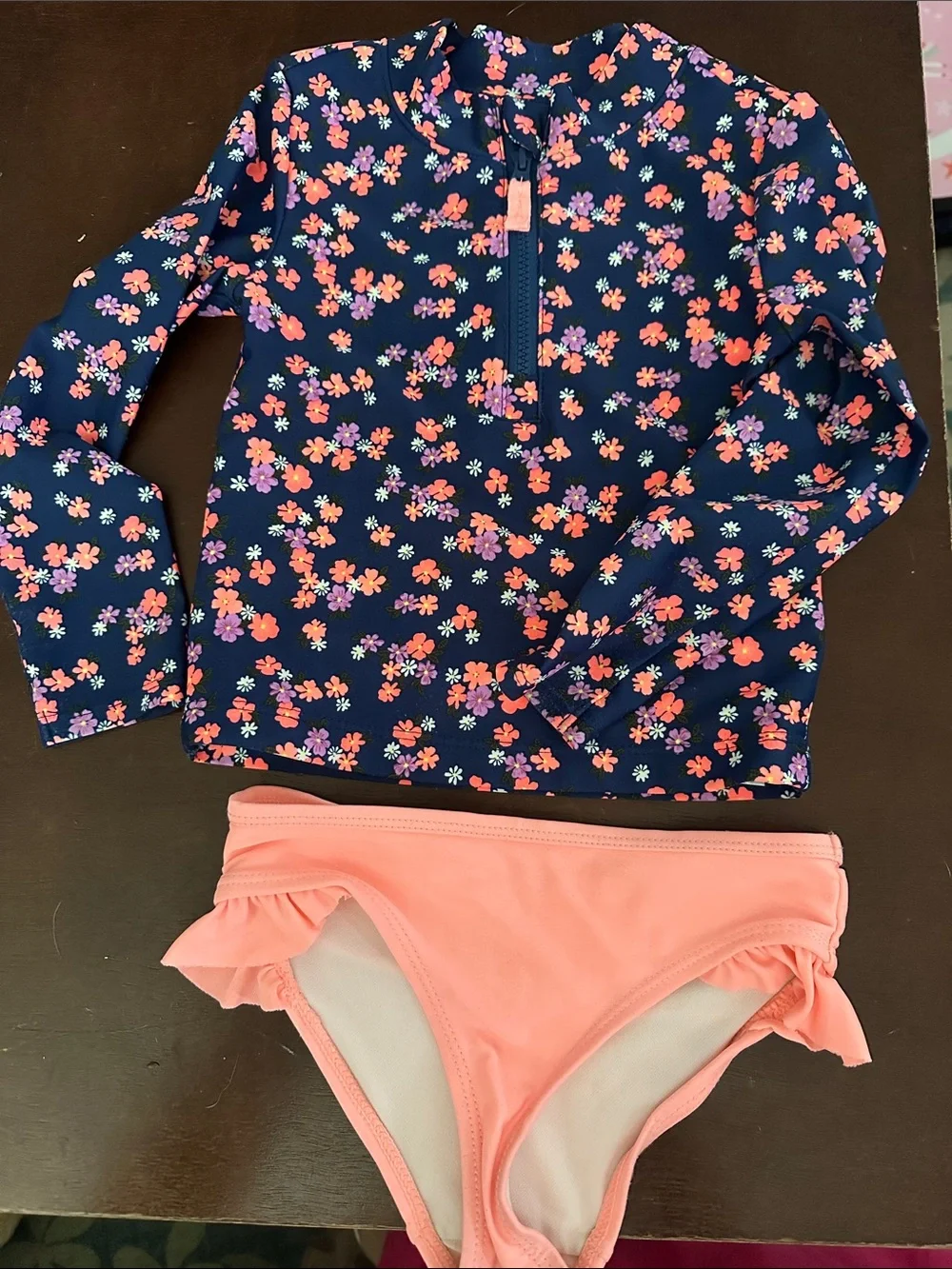 Carter's Navy Floral Long-Sleeve Rashguard with Coral Swim Bottoms